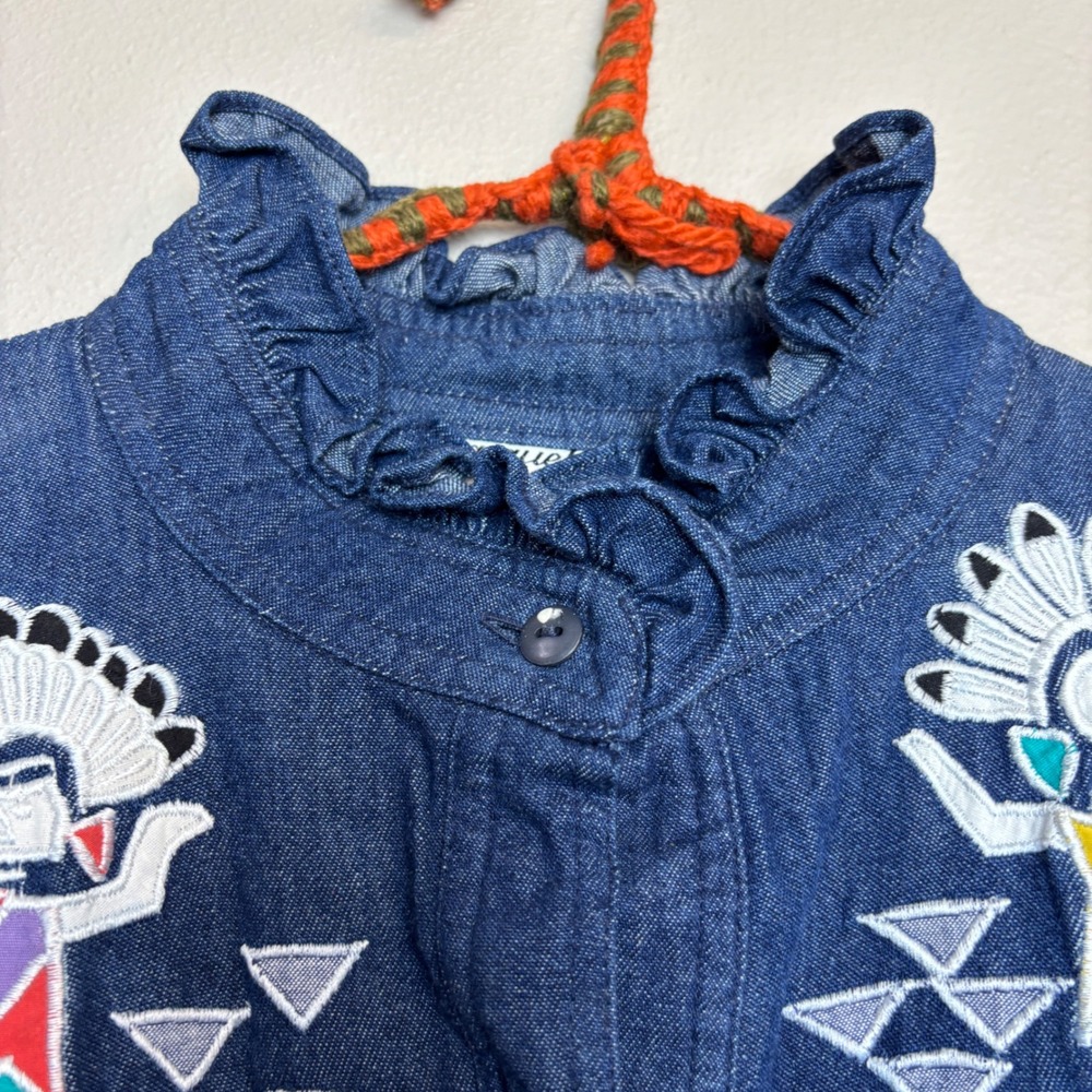 Vintage 90s Denim Maxi Dress Embroidered Kachina Blue Large Prairie Cottage Boho - Picture 7 of 16